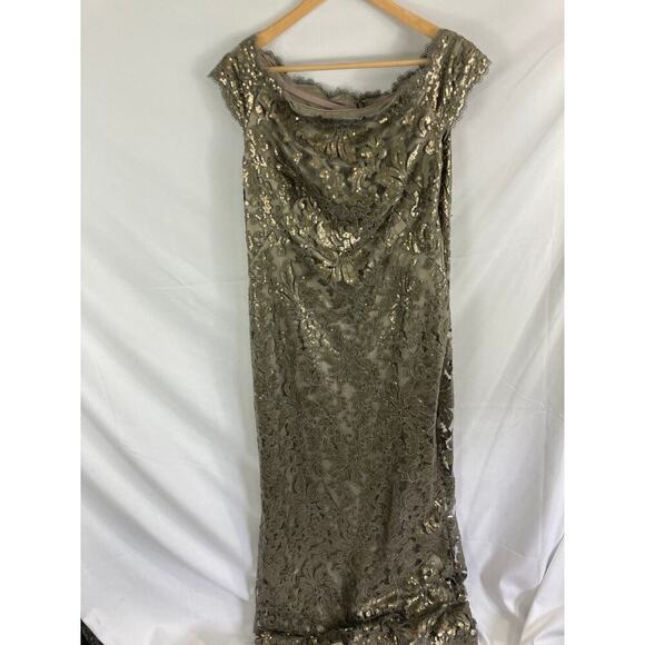 Tadashi Shoji Pailette Embroidered Lace Off Shoulder Gown - Picture 3 of 10